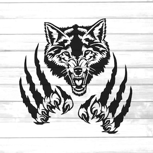 Puede incluir: Silueta en blanco y negro de la cabeza de un lobo con garras afiladas a cada lado.