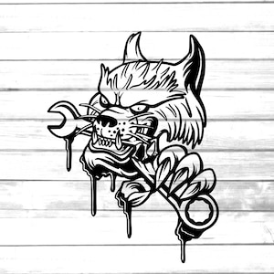 May include: Black and white illustration of a snarling wolf or dog with a wrench in its mouth. The wrench is dripping with paint or oil. The image is on a woodgrain background.