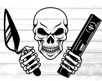 mason skull svg / skeleton masonry with cement trowel & level bar clip art