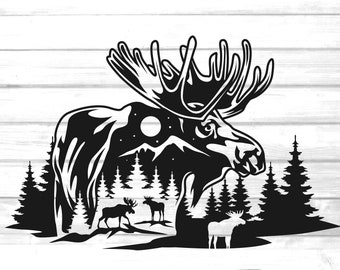 Moose nature svg / mountains and pine trees clip art / moon and stars moose silhouette