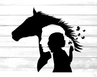 Pferd Frau und Mädchen bläst Pusteblume svg / Pferd Schmetterling Clip Art