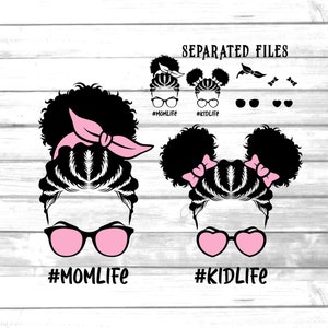 May include: Two black and white illustrations of women with afro hairstyles. The woman on the left has a pink headband and the text "#MOMLIFE". The woman on the right has two pink bows and the text "#KIDLIFE". Both women are wearing pink glasses.