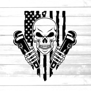 May include: Black and white illustration of a skull with crossed wrenches, set against a distressed American flag background.