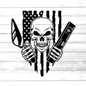 May include: Black and white illustration of a skull holding a trowel and a level. The skull is in front of a distressed American flag.
