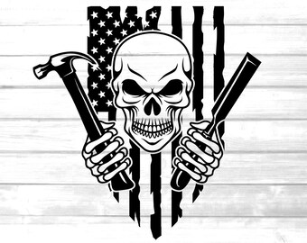 US carpenter skull svg / skeleton hammer & chisel clip art / distressed American flag design