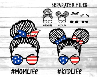 momlife and kidlife braided afro bun svg / mom and daughter with american flag glasses svg / messy bun