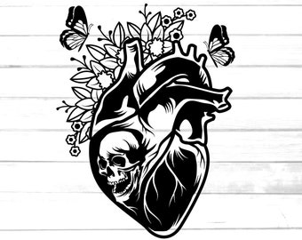 anatomical heart flowers svg skull head heart clip art / printable floral skull with butterfly cut file