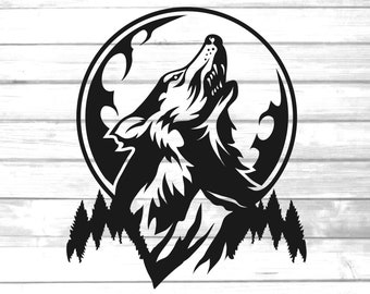 wolf howling to full moon nature svg / wolf nature clip art / mountains and pine trees wolves svg