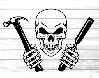 skull carpenter svg / skeleton holding hammer and chisel clip art / printable carpentry design