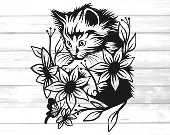 Floral Cat with butterfly svg / cute  cat clip art / cricut file png