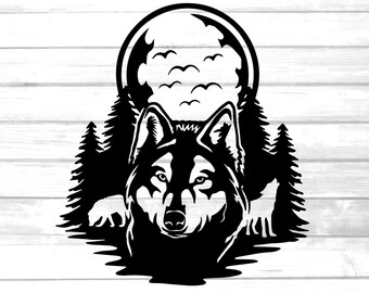 wolf nature , full moon , hunting ,svg ,png , pdf , clip art , printable , cricut file , vector cutting , pine trees , flying birds
