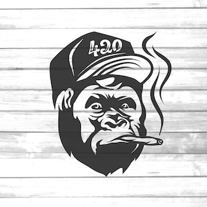 May include: Black and white illustration of a gorilla wearing a baseball cap with the number 420 on it. The gorilla is smoking a cigarette and has a serious expression on its face.