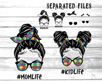 momlife and kidlife dreadlocs afro bun svg / mom and daughter with colorful puzzle glasses svg / autism awareness