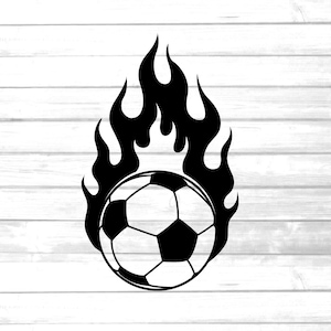 May include: A black and white soccer ball with flames behind it. The flames are stylized and have a sharp, pointed look.