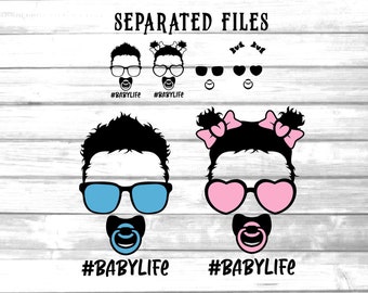 babylife boy and girl with pacifier svg / baby with blue and pink glasses svg