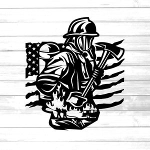 May include: Black and white graphic of a firefighter in full gear, holding an axe, with an American flag backdrop. The image includes the text "AI PDF EPS SVG PNG INSTANT DOWNLOAD". The design features a fire scene and a fire truck.