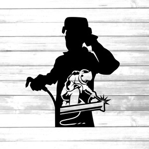 May include: Silhouette of a welder working on a metal beam. The welder is wearing a welding mask and gloves. The image is in black and white.