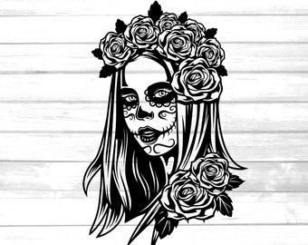 Sugar skull beautiful calavera with flowers svg / printable floral skull png clip art
