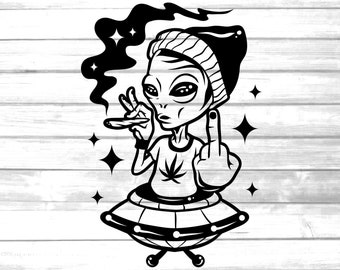 Alien smoking weed svg / marijuana smoking svg/ alien in space UFO svg / outer space svg / middle finger sign