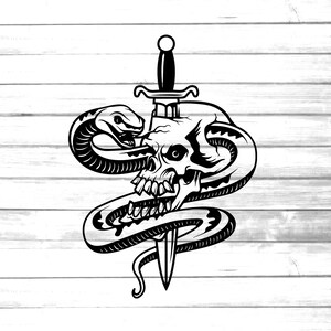 Puede incluir: Una ilustración en blanco y negro de una calavera con una serpiente enroscada a su alrededor. Una daga atraviesa la calavera y la serpiente.