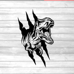 May include: A black and white illustration of a dinosaur head emerging from a set of sharp claws. The dinosaur has a wide open mouth with sharp teeth.