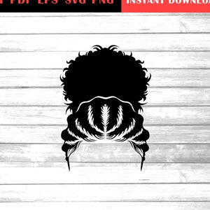 May include: Black and white silhouette of a woman's hairstyle with a high bun and curly hair.