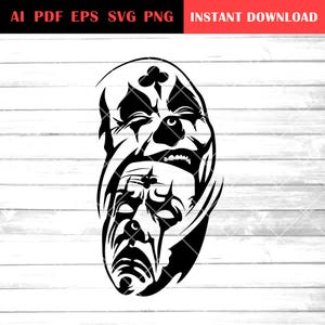 May include: Black and white illustration of two stylized faces, one laughing and one crying, with a playing card symbol on the forehead.