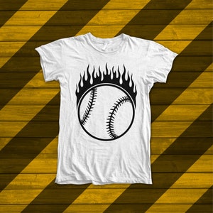 May include: White t-shirt featuring a black baseball graphic with flames behind it.