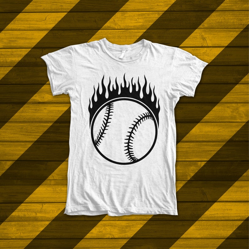 May include: White t-shirt featuring a black baseball graphic with flames behind it.