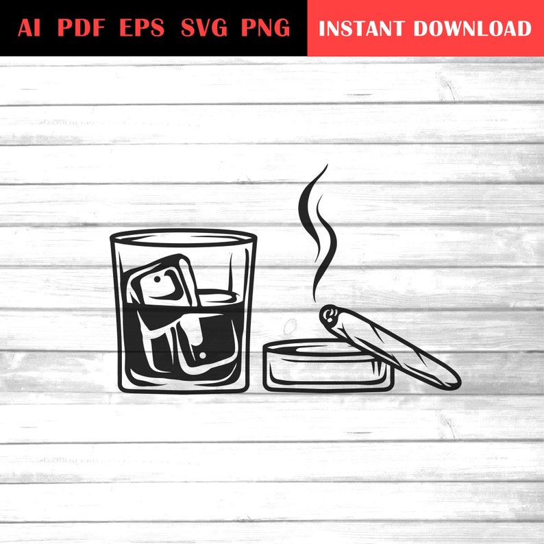May include: Black and white illustration of a glass of whiskey with ice cubes, a lit cigarette, and an ashtray.