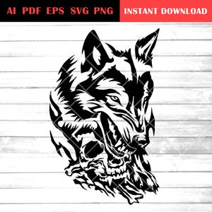 Puede incluir: Gráfico en blanco y negro de una cabeza de lobo y una calavera. El lobo está gruñendo, con los dientes a la vista. La imagen incluye el texto "AI PDF EPS SVG PNG INSTANT DOWNLOAD" en rojo y negro.