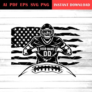 May include: Black and white illustration of an American football player wearing a helmet and jersey with the text "YOUR NAME 00" on the front. The player is standing in front of an American flag with a football at the bottom of the image.