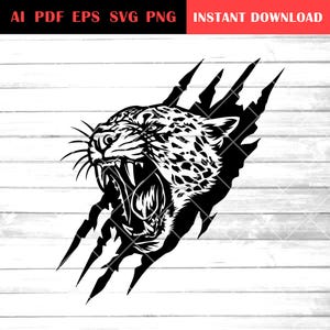 May include: Black and white illustration of a roaring jaguar breaking through a surface, with sharp claw marks. The image includes the text "AI PDF EPS SVG PNG" and "INSTANT DOWNLOAD" in red.