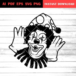 May include: Black and white illustration of a clown with a big smile, wearing a hat with polka dots and a ruffled collar. The clown is waving with both hands.