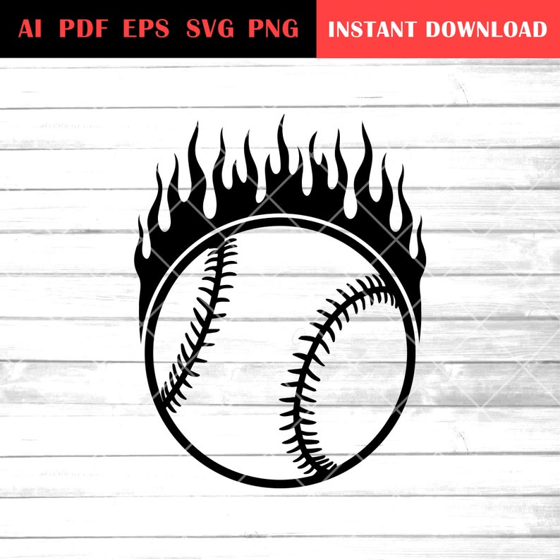 May include: A black and white illustration of a baseball with flames around it.