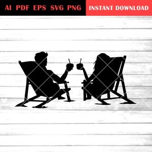 May include: Silhouette of a couple relaxing in beach chairs, each holding a tropical drink with a straw.