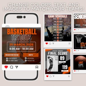 K&ouml;nnte beinhalten: Ein Handy-Bildschirm, auf dem eine Basketball-Tryout-Ank&uuml;ndigung mit orangefarbenem und schwarzem Text angezeigt wird. Der Text lautet "Basketball Tryouts", "25 March, 2025", "8:00 AM - 10:30 AM", "Register Now", "Your Website", "123-456-7890", "Info", "Location" und "Tryout Fee".