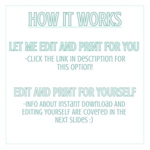 Puede incluir: Fondo blanco con texto turquesa claro que explica c&oacute;mo funciona. El texto dice &laquo;C&Oacute;MO FUNCIONA&raquo;, seguido de opciones de edici&oacute;n e impresi&oacute;n. El texto incluye &laquo;D&Eacute;JAME EDITAR E IMPRIMIR POR TI&raquo; y &laquo;EDITA E IMPRIME POR TI MISMO&raquo;.