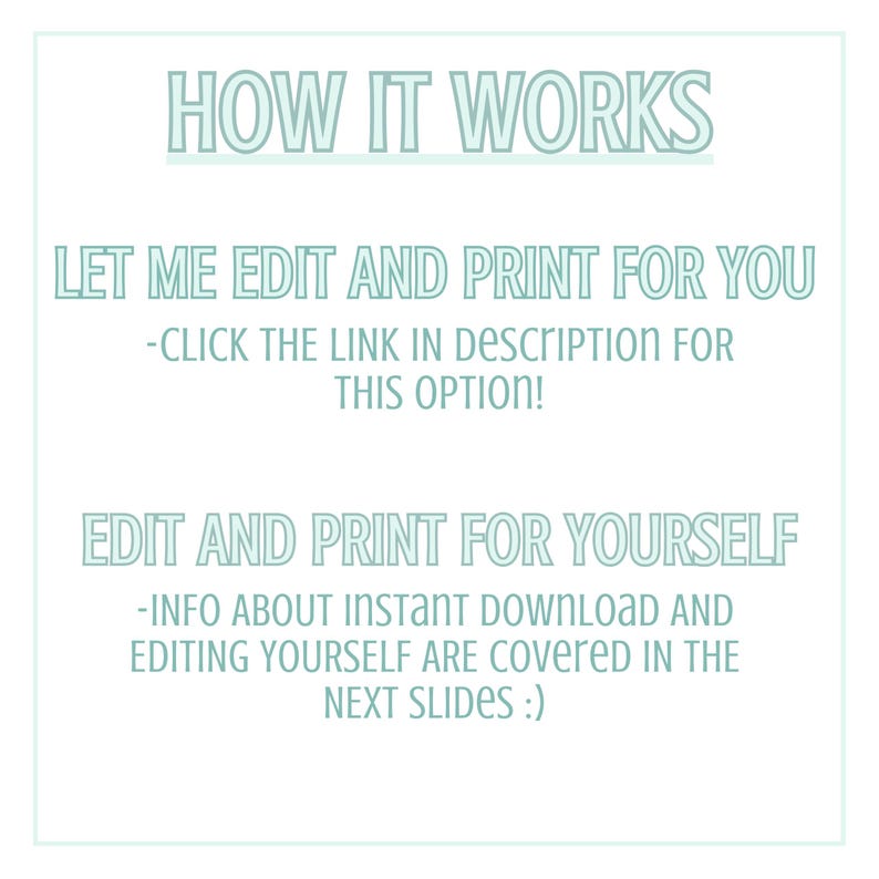 Puede incluir: Fondo blanco con texto turquesa claro que explica c&oacute;mo funciona. El texto dice &laquo;C&Oacute;MO FUNCIONA&raquo;, seguido de opciones de edici&oacute;n e impresi&oacute;n. El texto incluye &laquo;D&Eacute;JAME EDITAR E IMPRIMIR POR TI&raquo; y &laquo;EDITA E IMPRIME POR TI MISMO&raquo;.