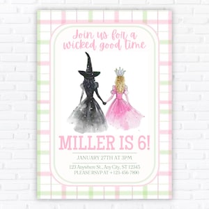 Puede incluir: Una invitaci&oacute;n a una fiesta con un borde a cuadros rosa y verde. La invitaci&oacute;n presenta ilustraciones de una bruja y una princesa tomadas de la mano. El texto dice "Join us for a wicked good time" y "MILLER IS 6!"