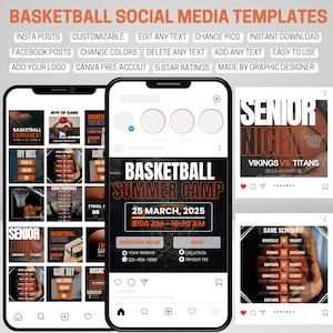 K&ouml;nnte beinhalten: Ein Satz von Social-Media-Vorlagen f&uuml;r Basketballteams und -veranstaltungen. Die Vorlagen weisen orange und schwarze Farbschemata mit Basketball-Bildern auf. Der Text enth&auml;lt "Basketball Summer Camp", "Senior Night", "Game Schedule" und "Try Outs".