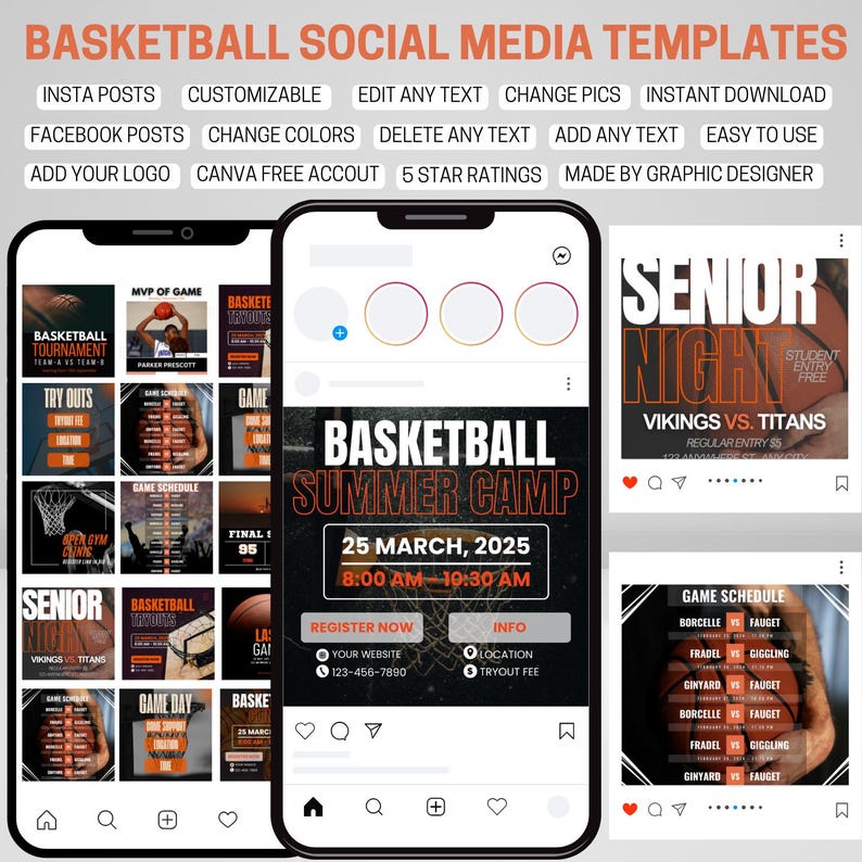 K&ouml;nnte beinhalten: Ein Satz von Social-Media-Vorlagen f&uuml;r Basketballteams und -veranstaltungen. Die Vorlagen weisen orange und schwarze Farbschemata mit Basketball-Bildern auf. Der Text enth&auml;lt "Basketball Summer Camp", "Senior Night", "Game Schedule" und "Try Outs".