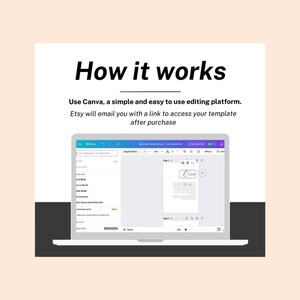 K&ouml;nnte beinhalten: Ein Laptop-Bildschirm zeigt die Bearbeitungs-Plattform Canva. Der Text auf dem Bildschirm lautet "How it works" und "Use Canva, a simple and easy to use editing platform. Etsy will email you with a link to access your template after purchase."