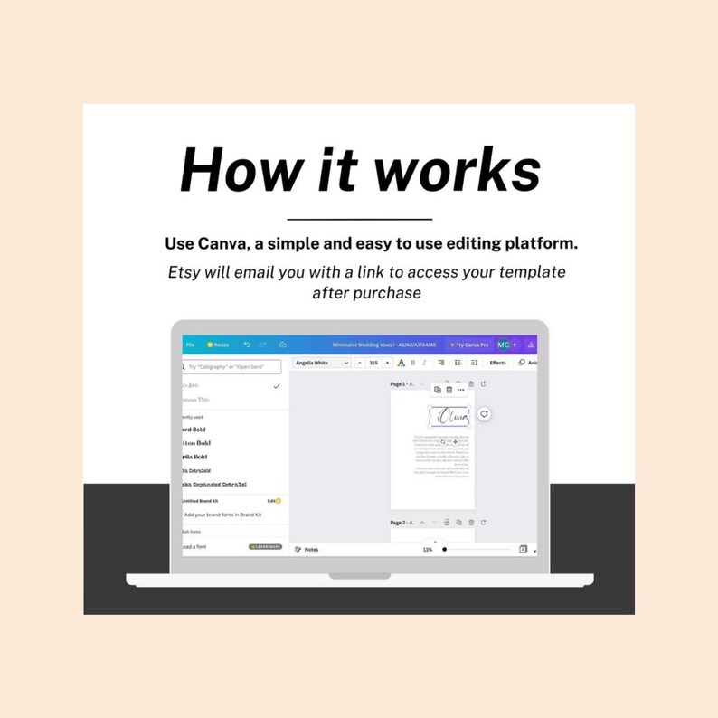 K&ouml;nnte beinhalten: Ein Laptop-Bildschirm zeigt die Bearbeitungs-Plattform Canva. Der Text auf dem Bildschirm lautet "How it works" und "Use Canva, a simple and easy to use editing platform. Etsy will email you with a link to access your template after purchase."