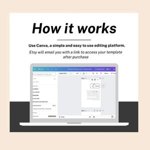 Puede incluir: Una pantalla de port&aacute;til muestra una plantilla de invitaci&oacute;n de boda en Canva. El texto "How it works" est&aacute; en la parte superior, con instrucciones sobre el uso de Canva y el acceso a la plantilla despu&eacute;s de la compra.