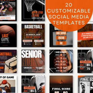 K&ouml;nnte beinhalten: Zwanzig anpassbare Social-Media-Vorlagen f&uuml;r Basketballteams. Die Vorlagen verf&uuml;gen &uuml;ber orangefarbene und schwarze Farbschemata mit Basketball-Bildern und Texten wie "Spieltag", "Abschlussabend", "Endergebnis" und "Spielplan".