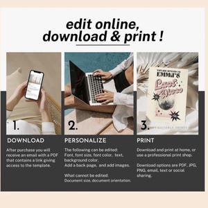 Puede incluir: Un gr&aacute;fico con instrucciones para editar, descargar e imprimir una plantilla. Los pasos incluyen la descarga de un PDF, la personalizaci&oacute;n de la fuente y los colores, y la impresi&oacute;n en casa o en una imprenta. El texto incluye "Last Disco" y "Editable Prints".