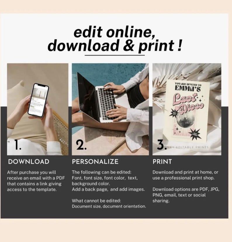 Puede incluir: Un gr&aacute;fico con instrucciones para editar, descargar e imprimir una plantilla. Los pasos incluyen la descarga de un PDF, la personalizaci&oacute;n de la fuente y los colores, y la impresi&oacute;n en casa o en una imprenta. El texto incluye "Last Disco" y "Editable Prints".