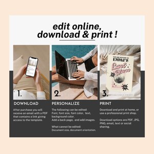 K&ouml;nnte beinhalten: Eine dreistufige Anleitung zum Bearbeiten, Herunterladen und Drucken digitaler Vorlagen. Die Schritte werden mit Bildern einer Person, die ein Telefon benutzt, einer Person, die einen Laptop benutzt, und einer gedruckten Karte veranschaulicht. Der Text auf der Karte lautet "Sie sind zu Emmas letzter Disco eingeladen".