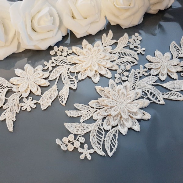 Ivory Lace Applique, 2 pieces 3D Lace Applique, Bridal Floral Lace Applique Mirror Pair Patch For Dress Sewing, Lace Applique Wedding Garter